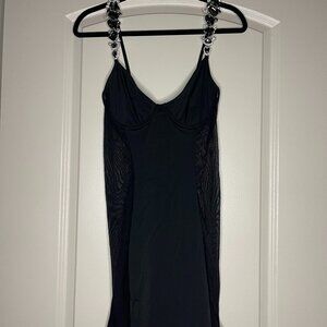 BLACK MESH SIDE DRESS WITH CRYSTAL STRAPS